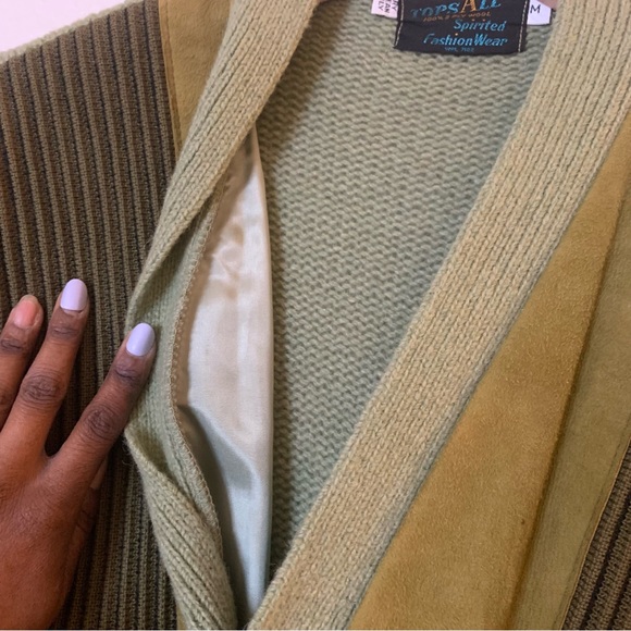 Vintage 1960s Wool Knitted Suede Front Geo Mod Cardigan Sweater Green Medium - Picture 5 of 9